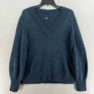 Gap Sweater Women's Sz M Blue Knitted V-Neck Balloon Sleeve Ribbed Trim Pullover